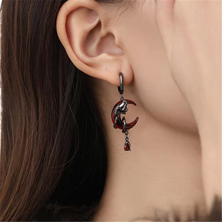 Gothic Red Moon Rose Drop Earrings S925 Sterling Silver Asymmetrical Tassel Earrings