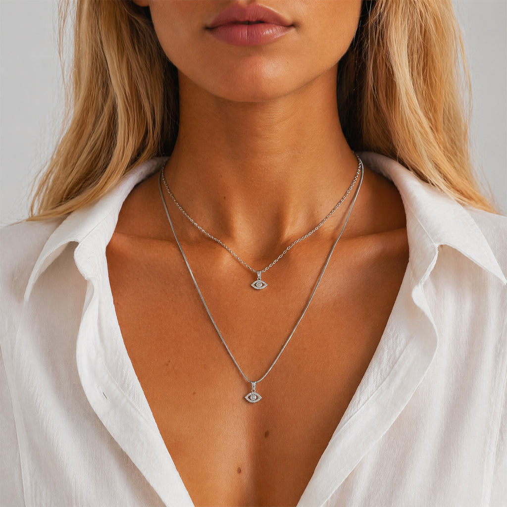 Layered Evil Eye Necklace for Women, Dainty Paved Diamond Clavicle Chain, Stainless Steel Non-fading Protection Pendant