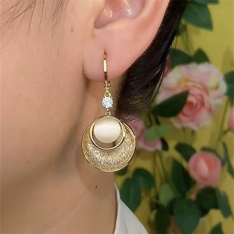Round Opal Drop Earrings with Diamond Accents