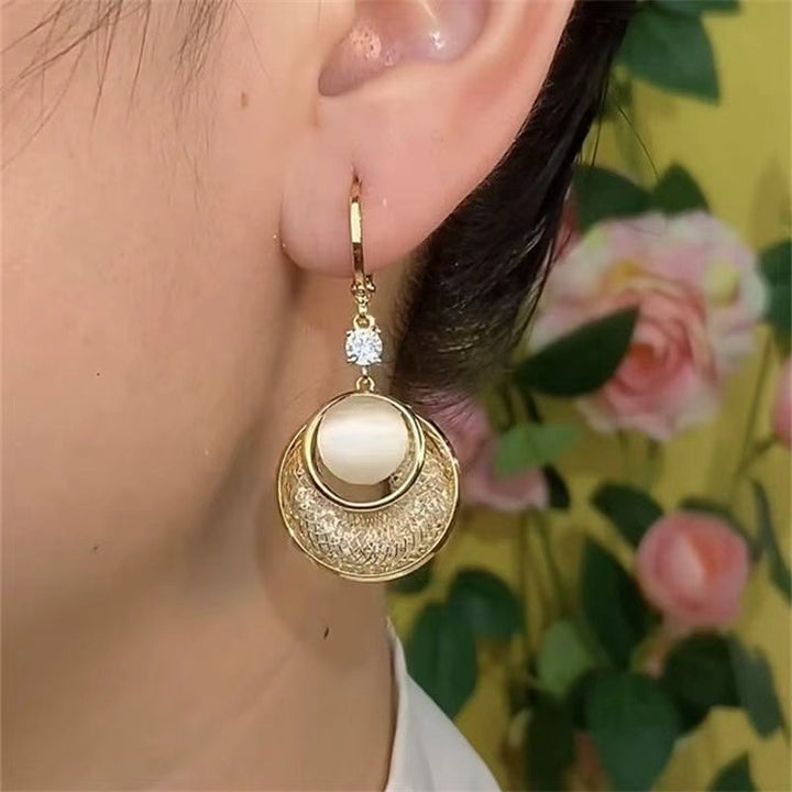 Round Opal Drop Earrings with Diamond Accents