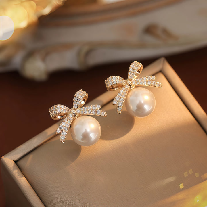 Crystal Bow Pearl Stud Earrings Sterling Silver