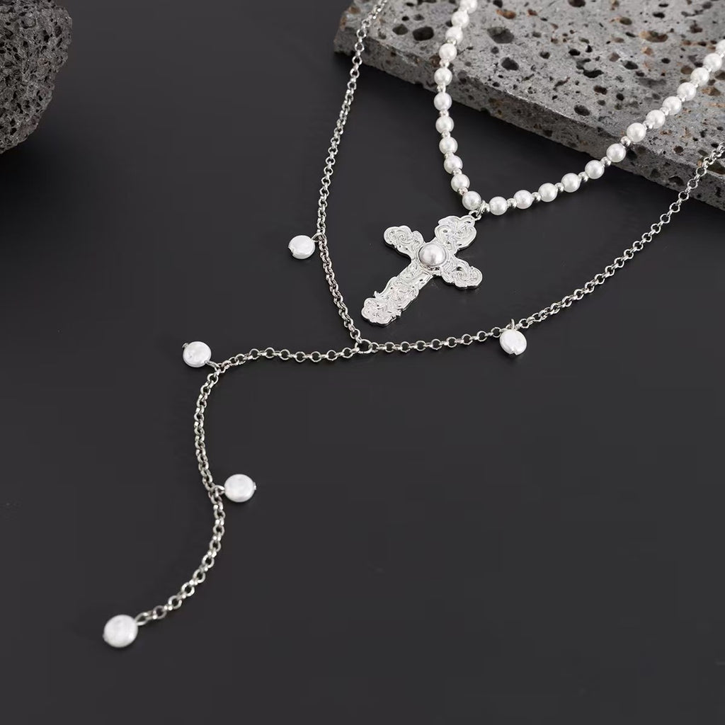 Vintage Layered Pearl Cross Necklace