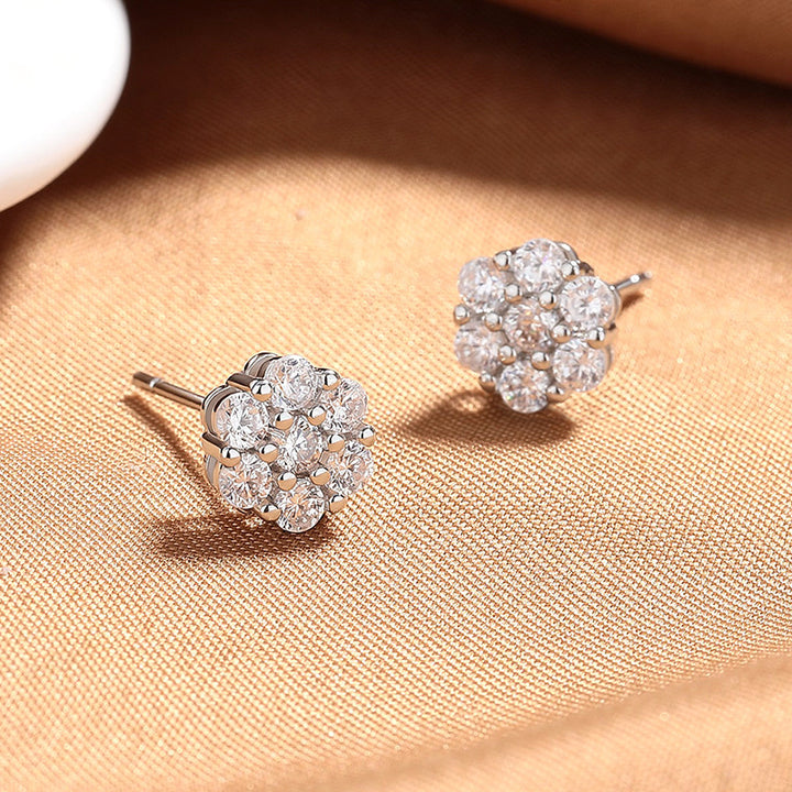 Sparkling Cluster Diamond Stud Earrings with 925 Sterling Silver
