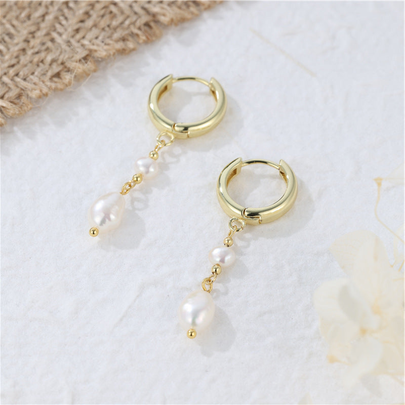 Minimalist Baroque Pearl Drop Huggie Earrings S925 Post