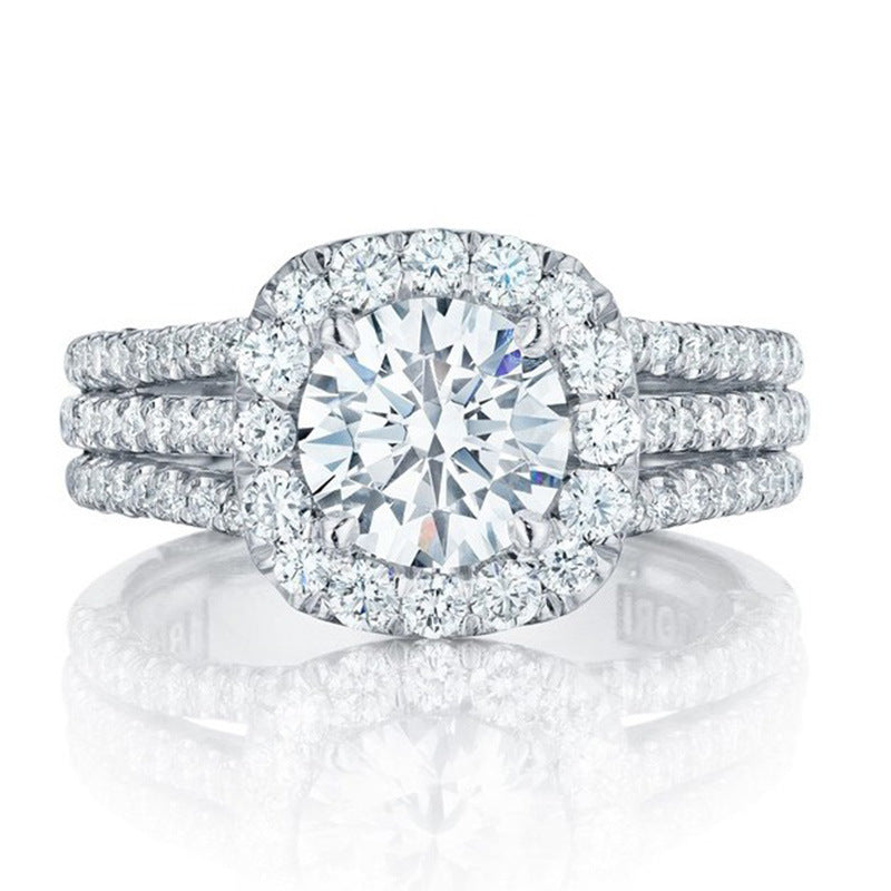 Three-Row Halo Engagement Ring Cushion Cut Gemstone Promise Ring for Women