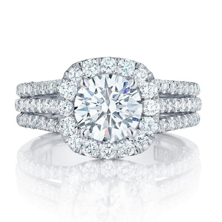 Three-Row Halo Engagement Ring Cushion Cut Gemstone Promise Ring for Women