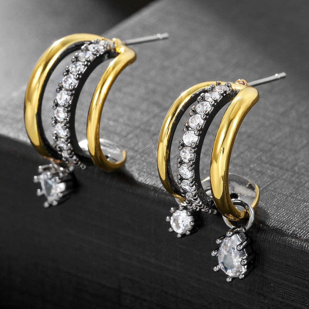 Two-Tone Triple Hoop Earrings with Diamond Charms in S925 Silver & Titanium Steel