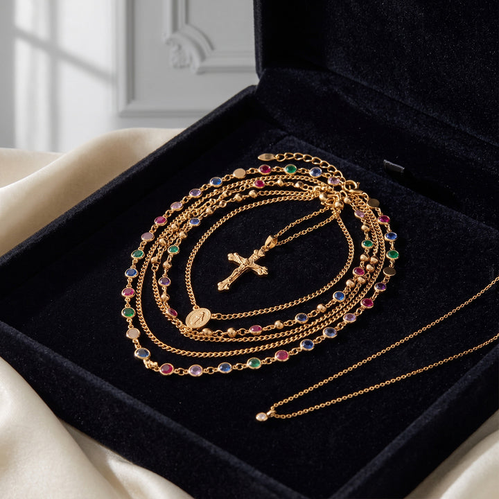 Minimalist Cross Layered Necklace Set with Colorful Gems