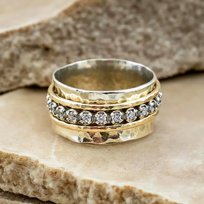 Two Tone Hammered Stacked Band Ring Handcrafted Layered Statement Jewelry For Women