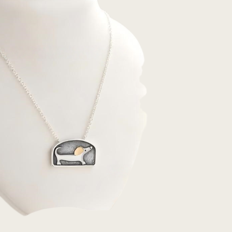 Floating Movable Dachshund Necklace Two-Tone 925 Sterling Silver Dog Lover Jewelry