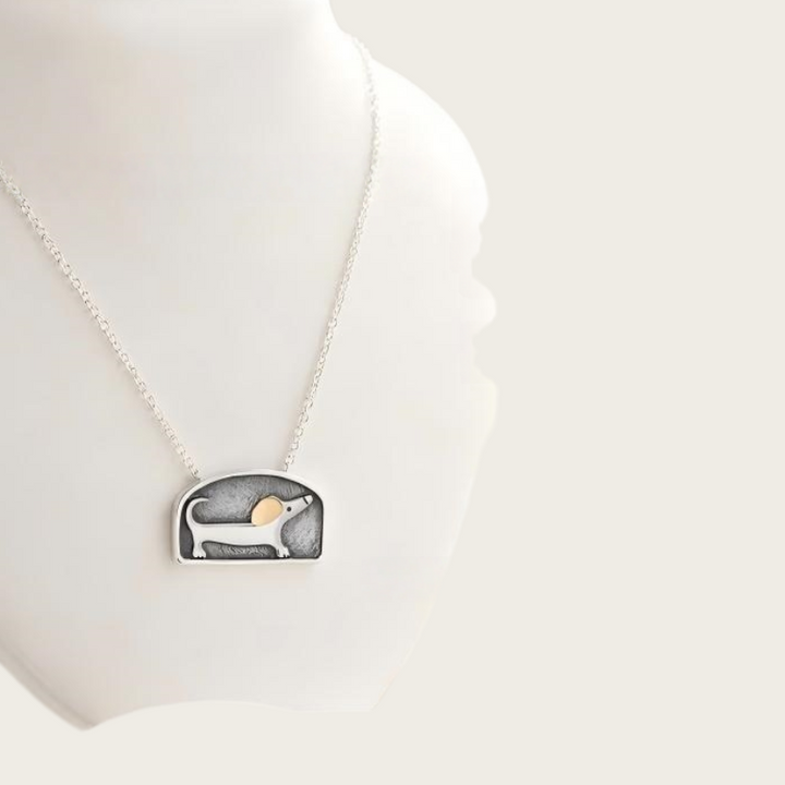 Floating Movable Dachshund Necklace Two-Tone 925 Sterling Silver Dog Lover Jewelry