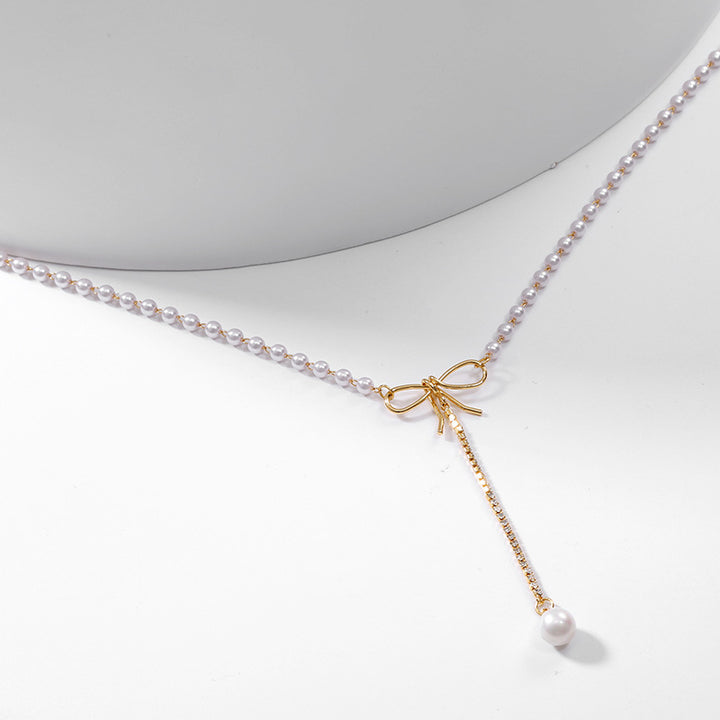 Bow Pearl Choker Necklace, Delicate Tassel Pearl Pendant Minimalist Clavicle Chain for Women