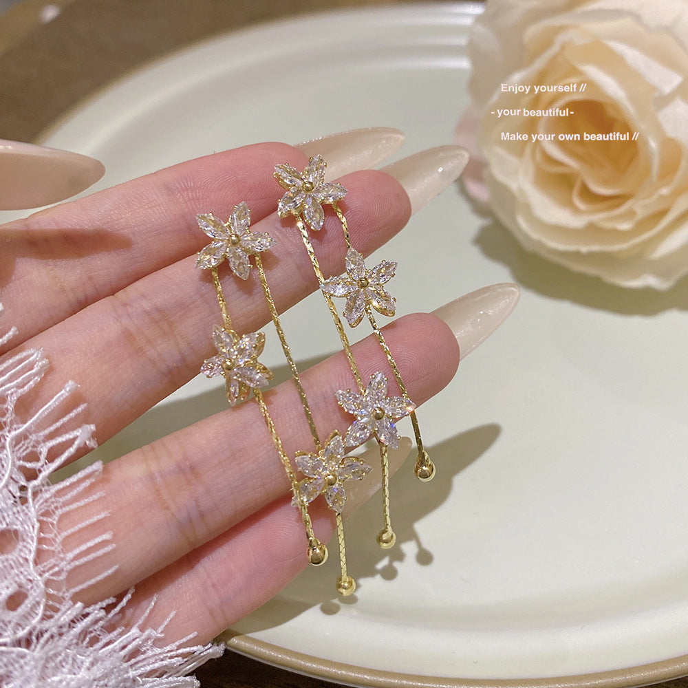 S925 Sterling Silver Flower Drop Earrings Asymmetric Diamond Dangle Earrings for Women