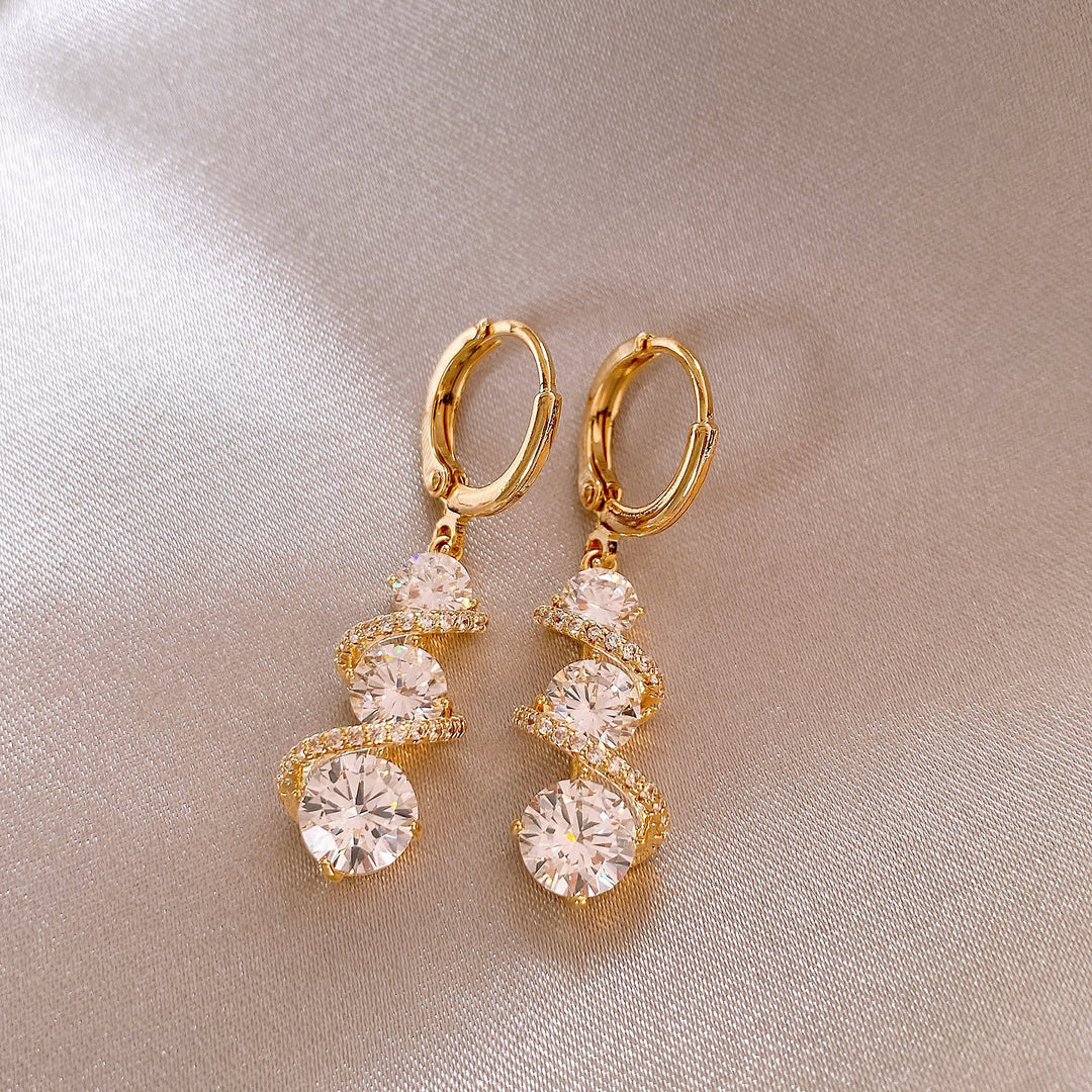 French Luxury Sparkling Spiral Drop Earrings | Minimalist Elegant Dangle Earrings for Women