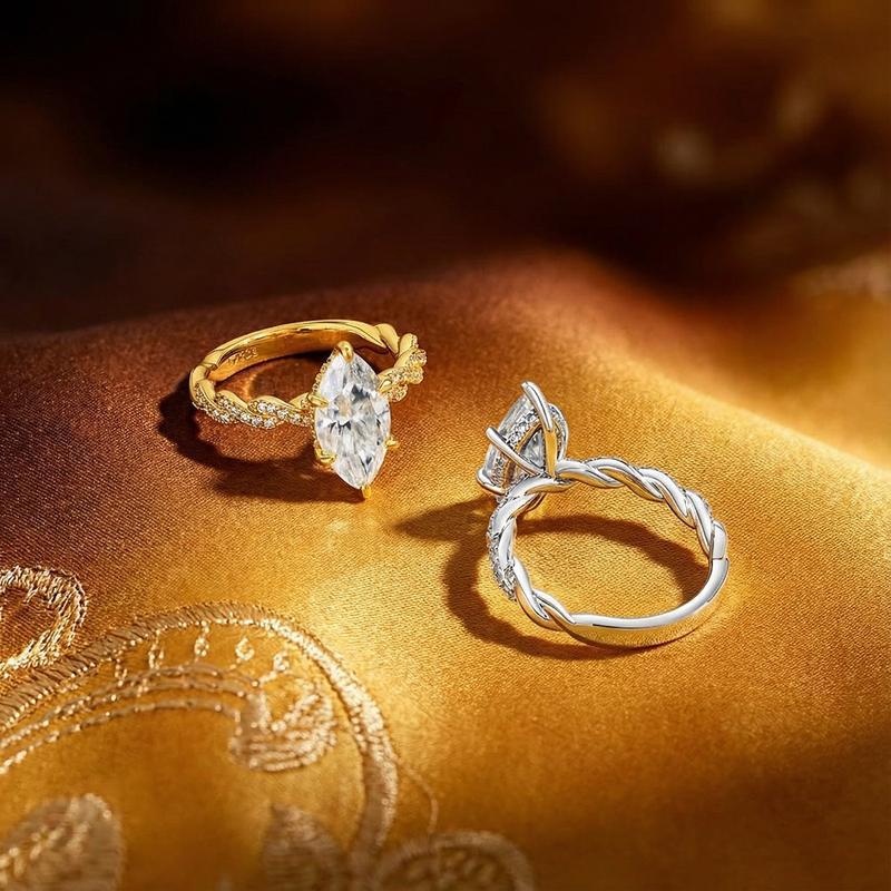 Marquise Cut Diamond Engagement Ring Set Twisted Band &amp; Baguette Wedding Band for Women