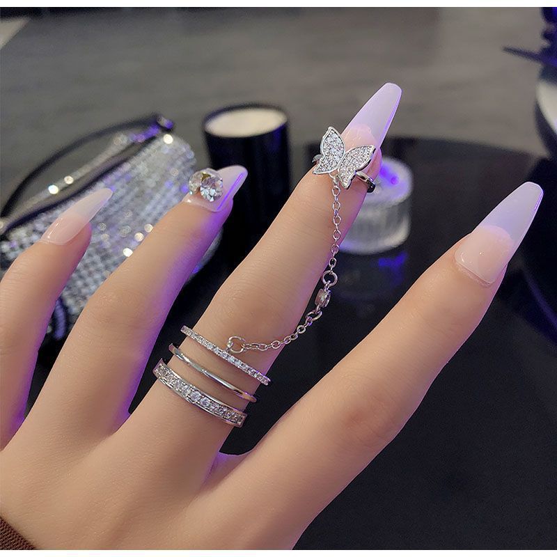 Butterfly Linked Ring Set Crystal Double Finger Chain Ring