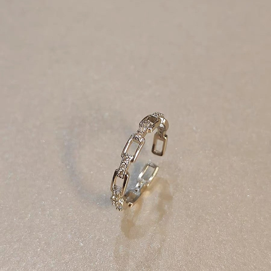 Crystal Paperclip Chain Open Ring Adjustable Stackable Band for Women