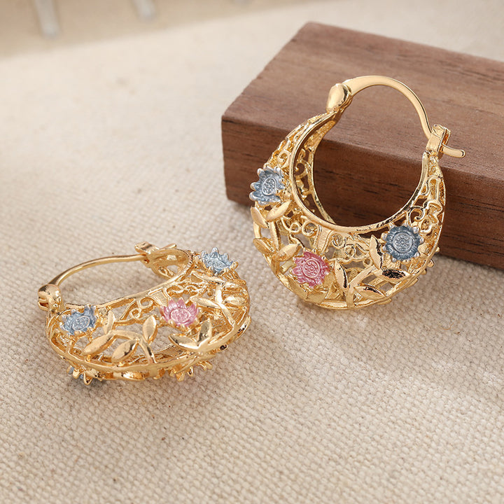 Vintage Floral Enamel Hoop Earrings Gold Hollow Hoop Earrings