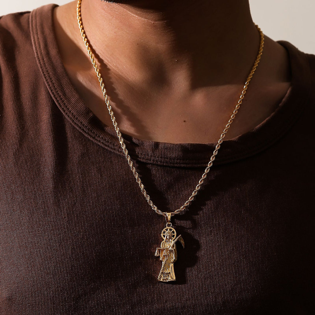 Santa Muerte Grim Reaper Pendant Necklace Twisted Chain Religious Jewelry for Men