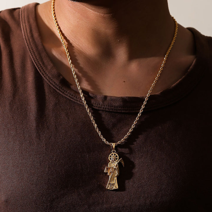 Santa Muerte Grim Reaper Pendant Necklace Twisted Chain Religious Jewelry for Men