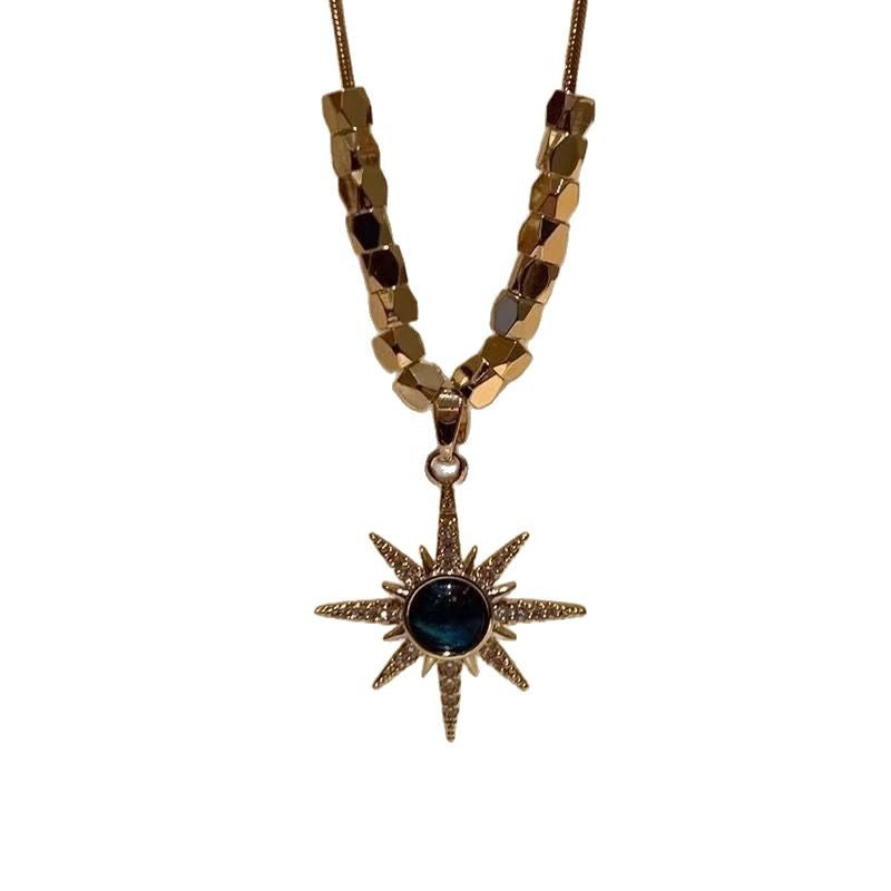 Vintage Starburst Blue Crystal Pendant Necklace for Women