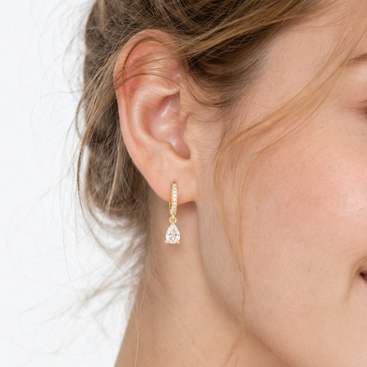 Gold Teardrop Diamond Hoop Earrings with Sterling Silver Post