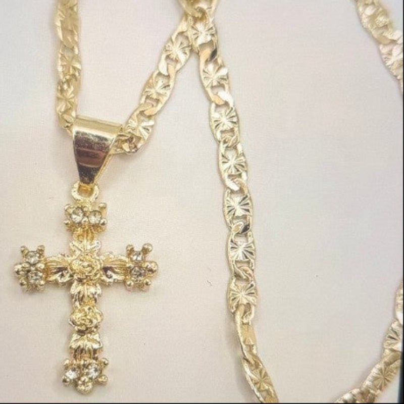 Saint Michael &amp; Cross Diamond Pendant Necklace Figaro Chain Religious Jewelry for Men