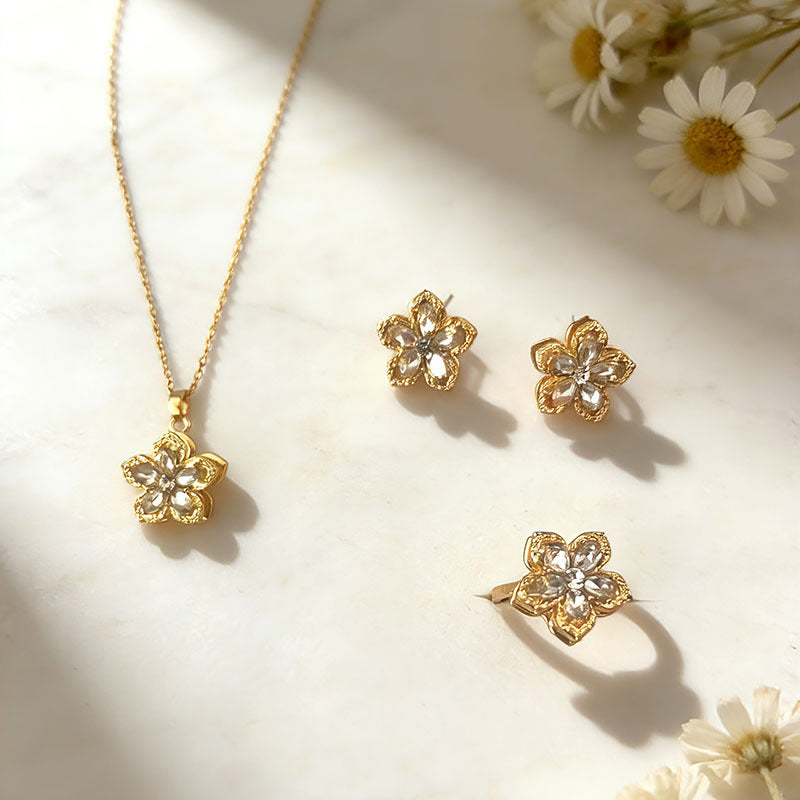 Rotatable Flower Necklace Earrings Ring Jewelry Set For Women