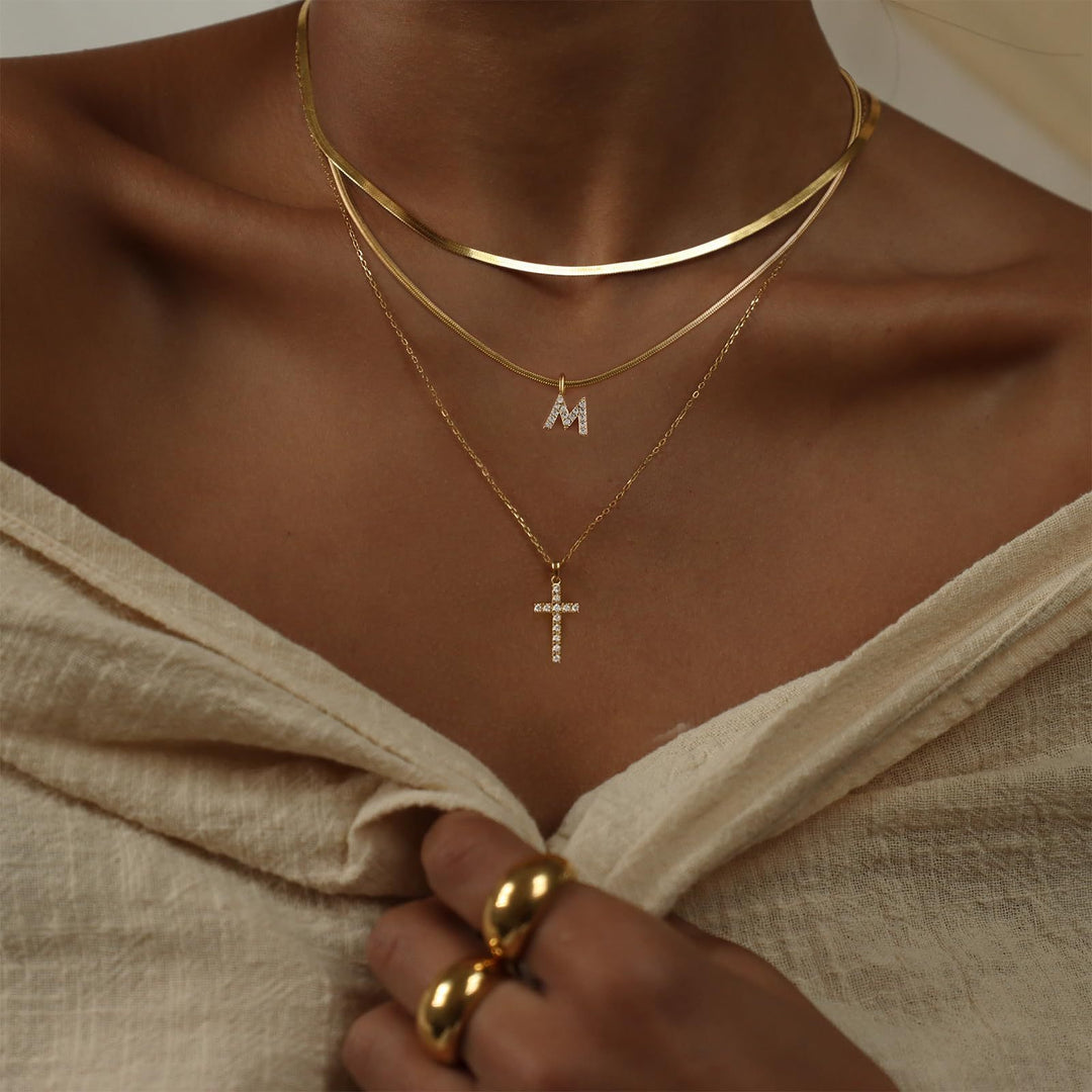S925 Silver Layered Initial & Cross Pendant Necklace Set 26 Letters Diamond Snake Chain Necklace for Women
