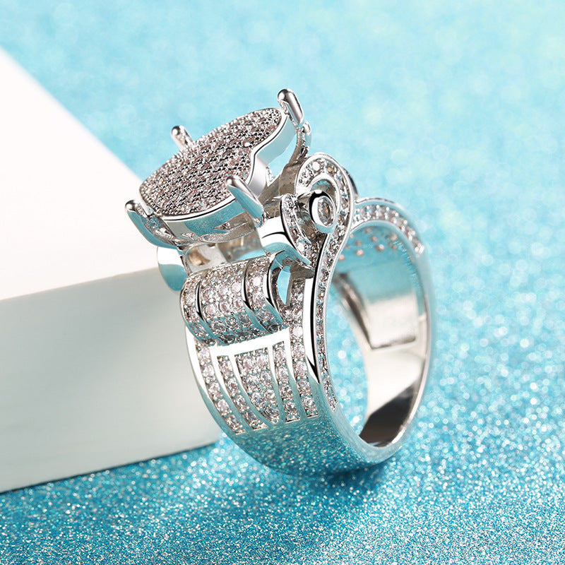 S925 Silver Full Paved Diamond Ring Round Heart Shape Luxury Single Ring