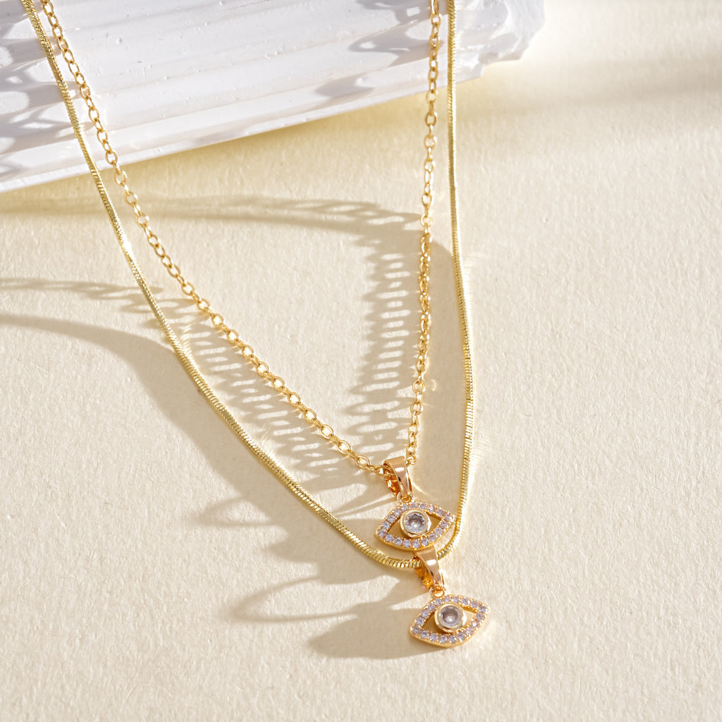 Layered Evil Eye Necklace for Women, Dainty Paved Diamond Clavicle Chain, Stainless Steel Non-fading Protection Pendant
