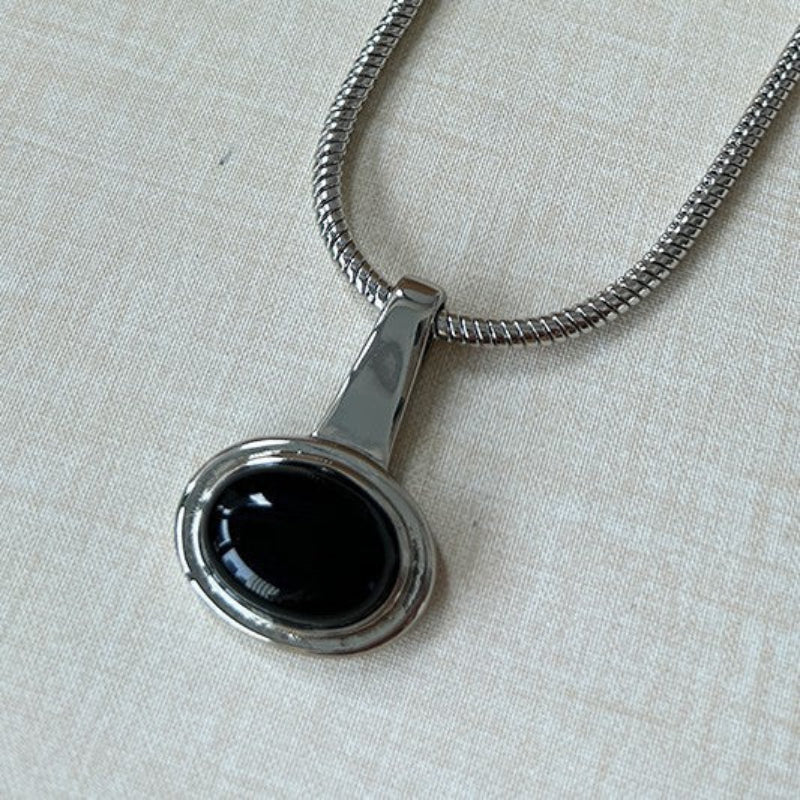 Black Gemstone Necklace With Snake Chain And Round Pendant