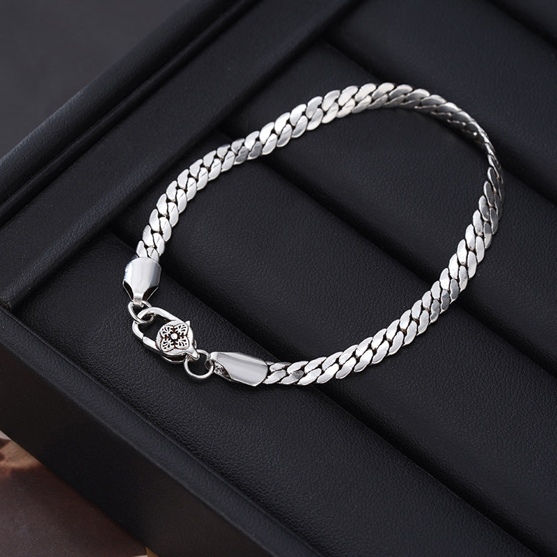 Sterling Silver Cuban Link Bracelet, Minimalist Flat Snake Chain Bracelet