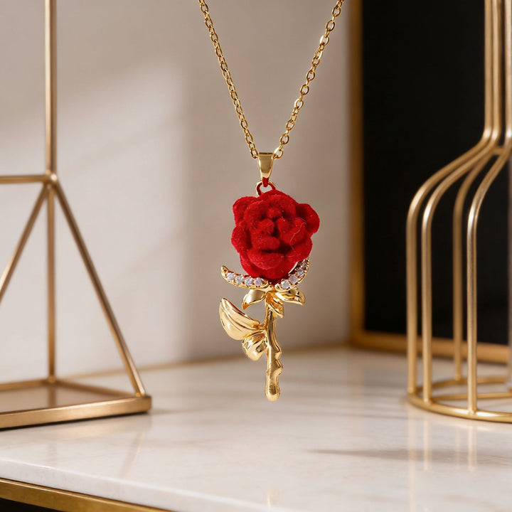 Red Velvet Rose Pendant Necklace Romantic Floral Jewelry