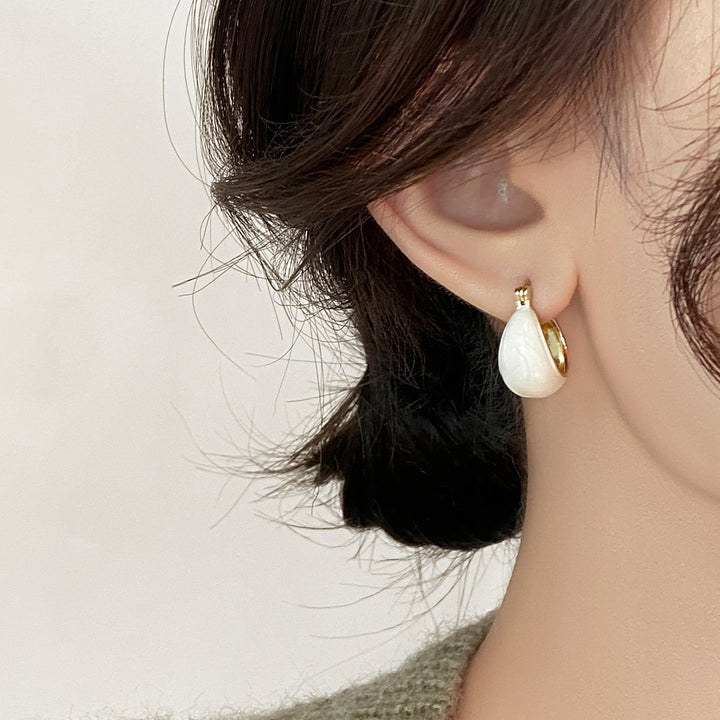 Cream Enamel Teardrop Hoop Earrings Sterling Silver Post