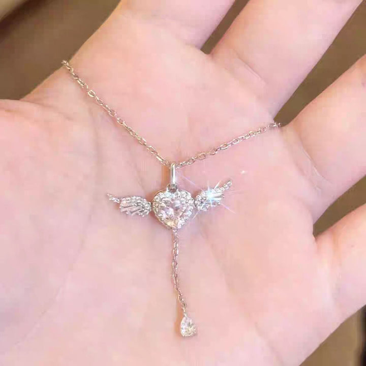 Pink Heart Wing Lariat Necklace - Sparkling Angel Y-Diamond Necklace for Women
