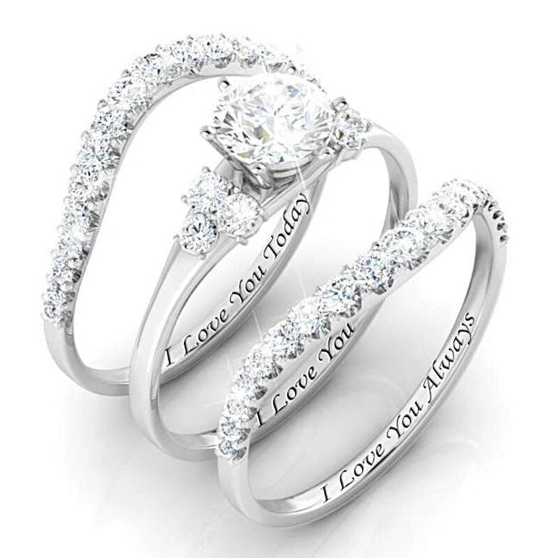 "I Love You" Engraved 3-Piece Bridal Ring Set with Diamonds