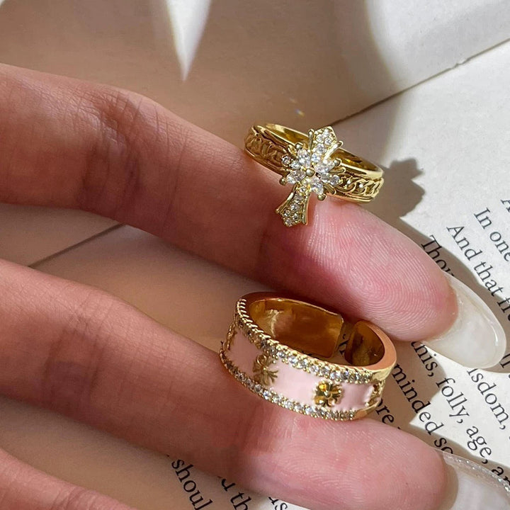 Pink Enamel Cross Ring Set | Y2K Diamond Open Adjustable Rings for Women