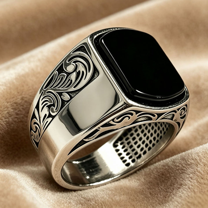 Vintage Black Onyx Signet Ring Men's Engraved Filigree Statement Band