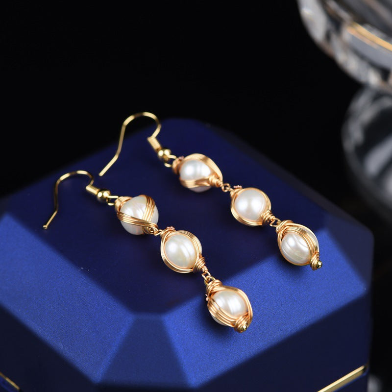 Elegant Gold Wire Wrapped Natural Pearl Dangle Earrings