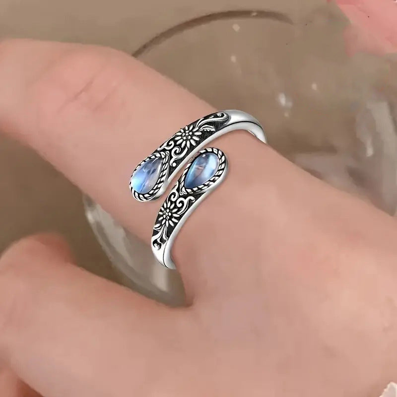 S925 Silver Two Stone Bypass Open Ring Moonstone Onyx Vintage Carved Adjustable Ring