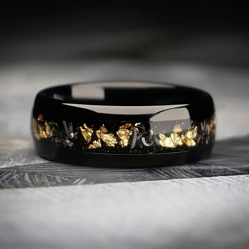Black Ceramic & Gold Foil Inlay Titanium Steel Ring (Modern Luxury Minimalist Style)
