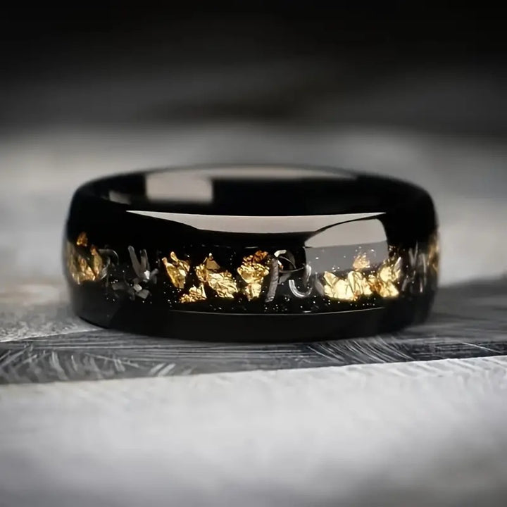 Black Ceramic & Gold Foil Inlay Titanium Steel Ring (Modern Luxury Minimalist Style)
