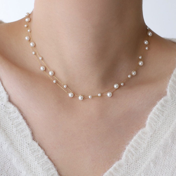 Double Layer Floating Pearl Choker Necklace S925 Sterling Silver