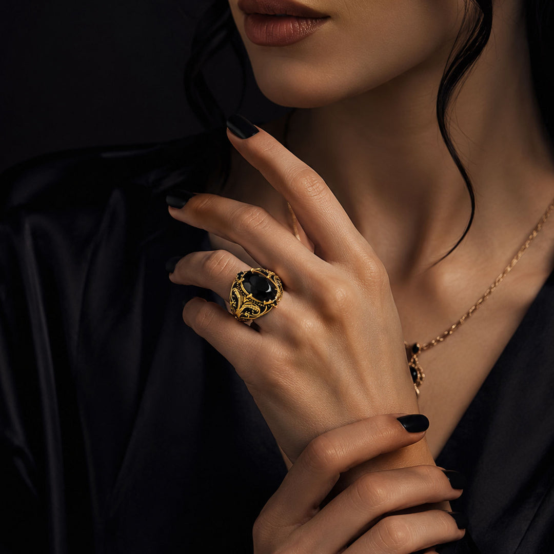 Hip Hop Luxury Jewelry Vintage Black Gem Rose Ring