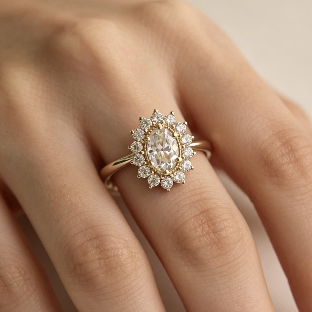 Oval Diamond Sunburst Halo Ring