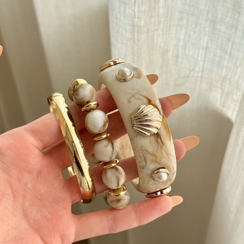 Metal Resin Marbled Shell Open Cuff Bracelet