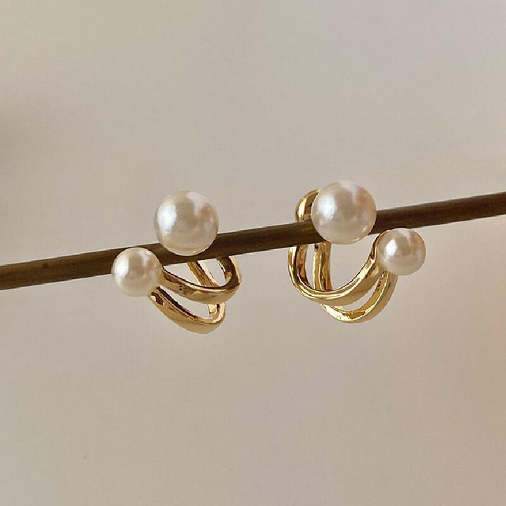 Dual Pearl Curved Stud Earrings Sterling Silver