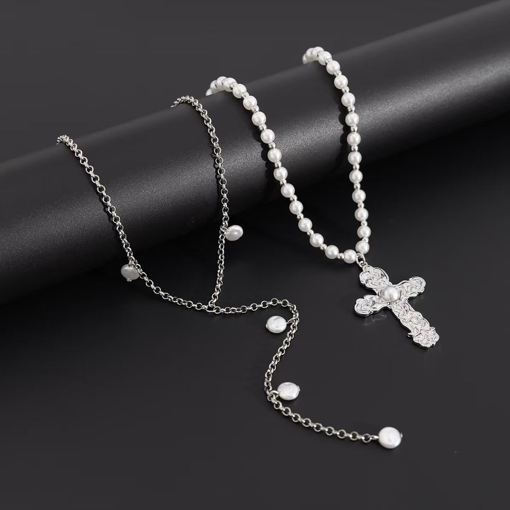 Vintage Layered Pearl Cross Necklace