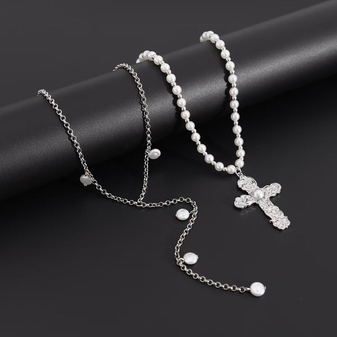 Vintage Layered Pearl Cross Necklace